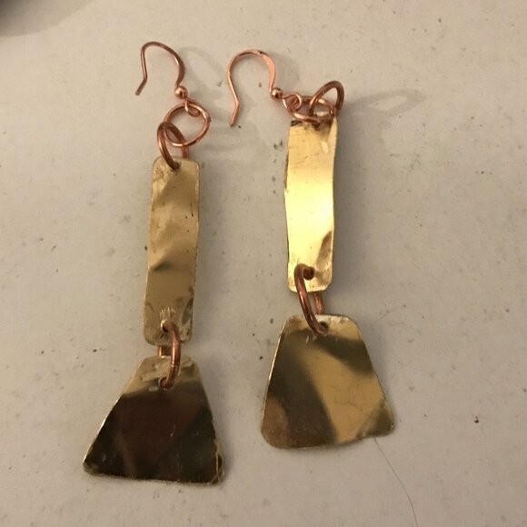 Tribal Brass Copper Earrings Drop Dangle Handmade Primitive Festival Bohemian - Picture 6 of 7